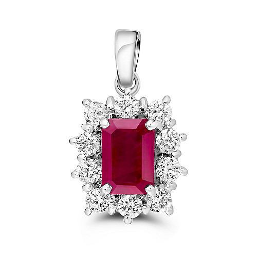 Emerald Cut 7x5 Ruby & Diamond Cluster Pendant