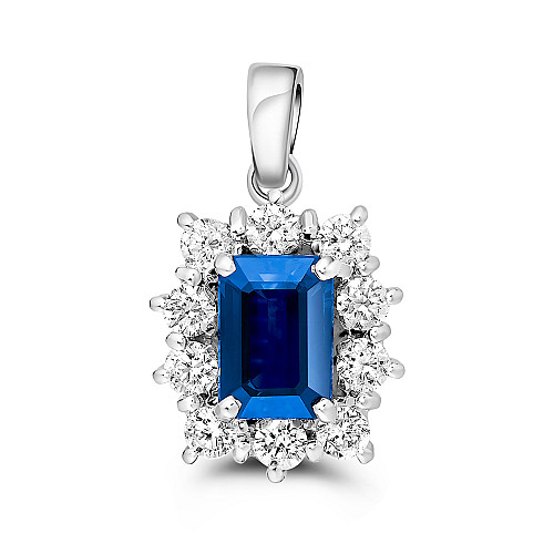 Emerald Cut 7x5 Blue Sapphire & Diamond Cluster Pendant