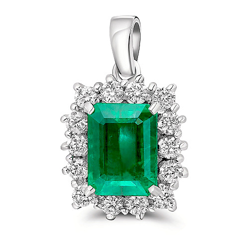 Emerald Cut 8x6 Emerald & Diamond Cluster Pendant