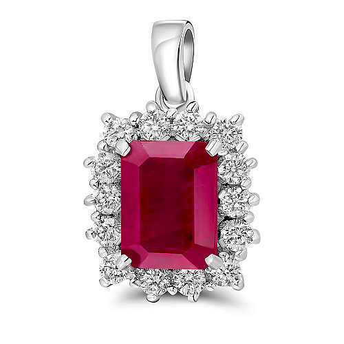 Emerald Cut 8x6 Ruby & Diamond Cluster Pendant