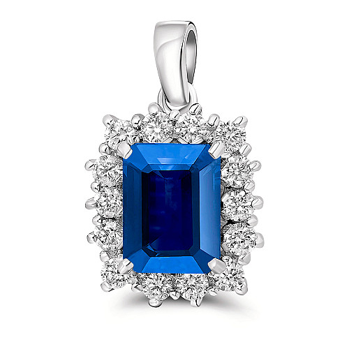 Emerald Cut 8x6 Blue Sapphire & Diamond Cluster Pendant