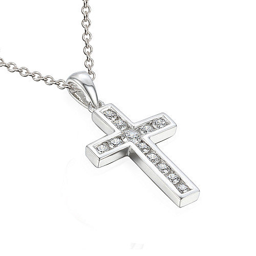 Channel Set Round Brilliant Cut Diamond Cross Pendant And Chain