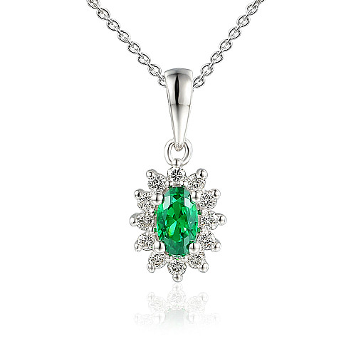 Claw Set Oval Cut Emerald And Round Brilliant Cut Diamond Cluster Pendant And Chain
