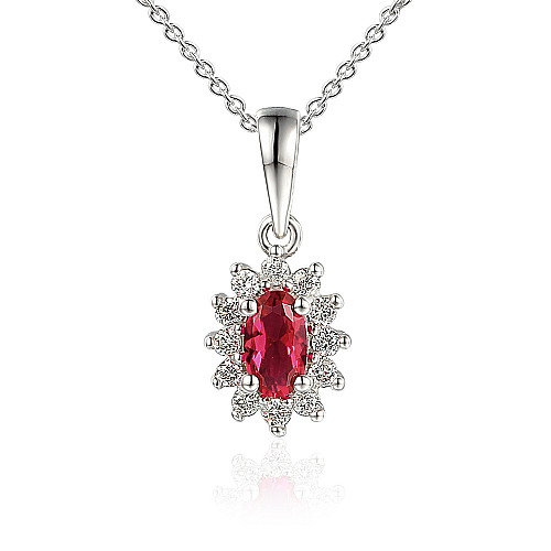 Claw Set Oval Cut Ruby And Round Brilliant Cut Diamond Cluster Pendant And Chain