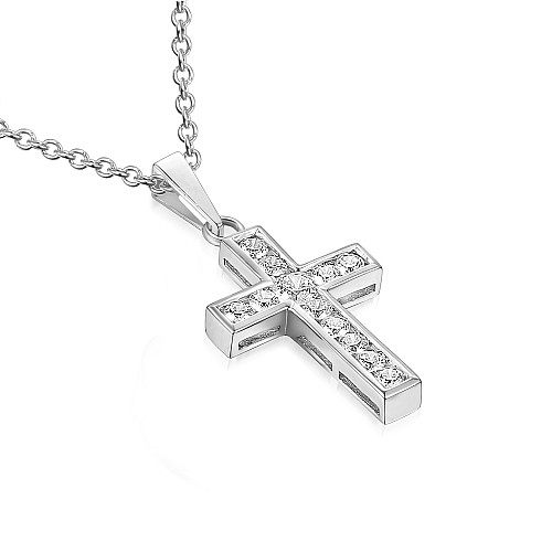 Channel Set Round Brilliant Cut Diamond Cross Pendant And Chain