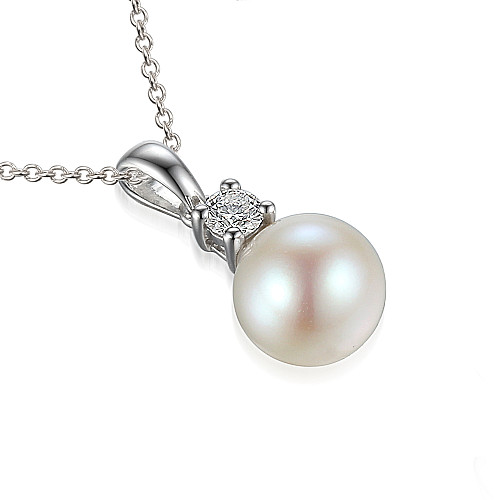 Claw Set Round Brilliant Cut Diamond And Pearl Drop Pendant And Chain