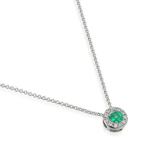 Round Brilliant Cut Emerald and Diamond Claw Set Halo Pendant