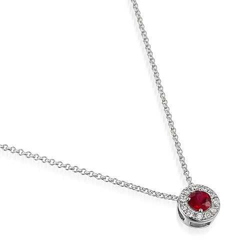 Round Brilliant Cut Ruby and Diamond Claw Set Halo Pendant