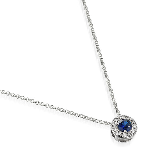 Round Brilliant Cut Blue Sapphire and Diamond Claw Set Halo Pendant