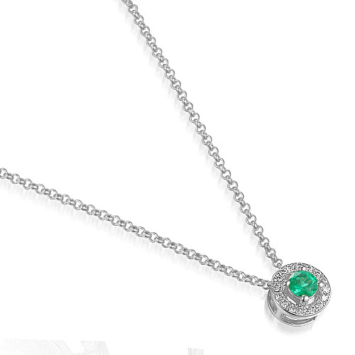 Round Brilliant Cut Emerald and Diamond Claw Set Halo Pendant