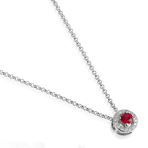 Round Brilliant Cut Ruby and Diamond Claw Set Halo Pendant