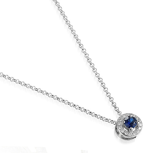 Round Brilliant Cut Blue Sapphire and Diamond Claw Set Halo Pendant