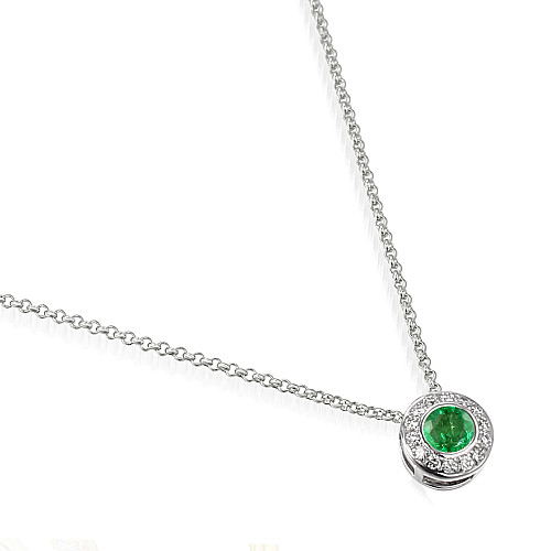 Round Brilliant Cut Emerald and Diamond Rubover Set Halo Pendant