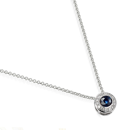 Round Brilliant Cut Blue Sapphire and Diamond Rubover Set Halo Pendant