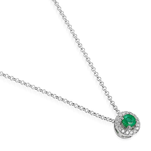 Round Brilliant Cut Emerald and Diamond Claw Set Halo Pendant