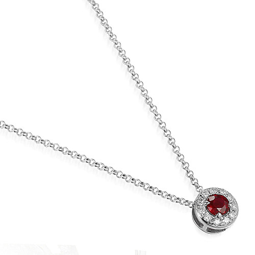 Round Brilliant Cut Ruby and Diamond Claw Set Halo Pendant