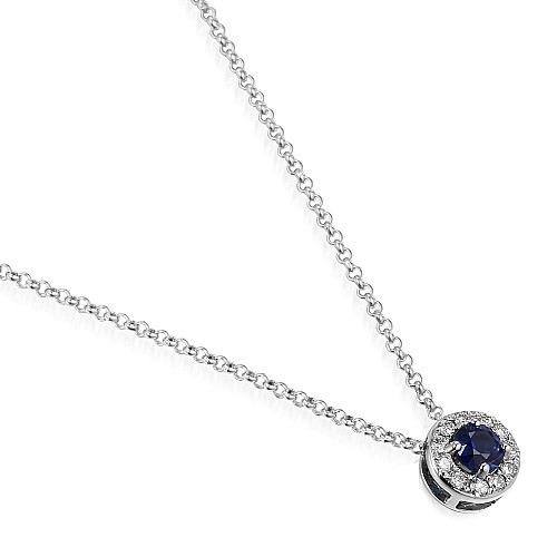 Round Brilliant Cut Blue Sapphire and Diamond Claw Set Halo Pendant