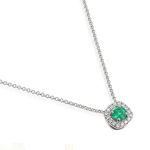 Round Brilliant Cut Emerald and Diamond Claw Set Halo Pendant