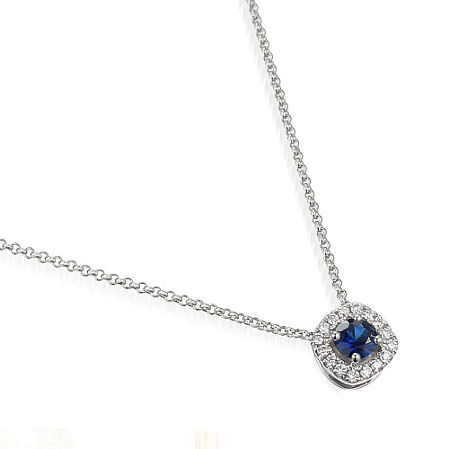 Round Brilliant Cut Blue Sapphire and Diamond Claw Set Halo Pendant