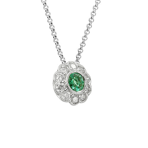Round Brilliant Cut Emerald and Diamond Rubover Set Millgrain Setting Cluster Pendant
