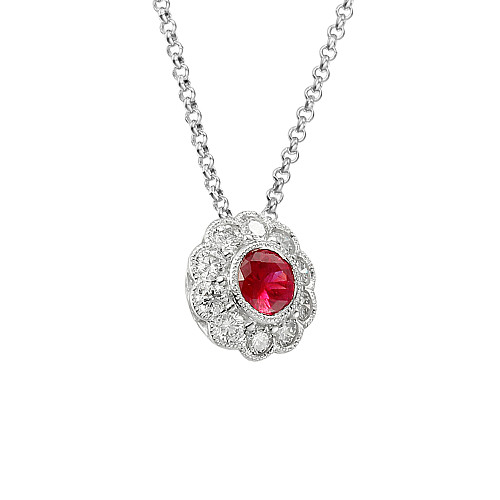 Round Brilliant Cut Ruby and Diamond Rubover Set Millgrain Setting Cluster Pendant