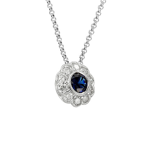 Round Brilliant Cut Blue Sapphire and Diamond Rubover Set Millgrain Setting Cluster Pendant