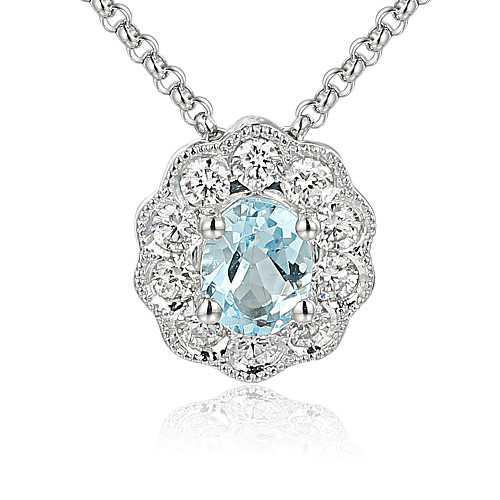 Oval Cut Aquamarine and Round Brilliant Cut Diamond Claw Set Millgrain Setting Cluster Pendant