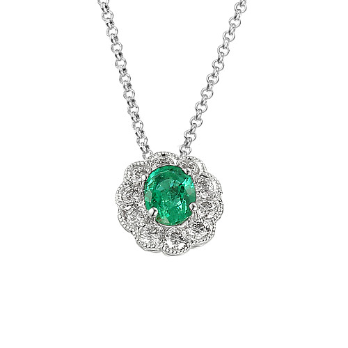 Oval Cut Emerald and Round Brilliant Cut Diamond Claw Set Millgrain Setting Cluster Pendant