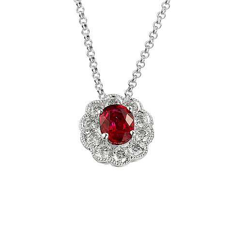 Oval Cut Ruby and Round Brilliant Cut Diamond Claw Set Millgrain Setting Cluster Pendant