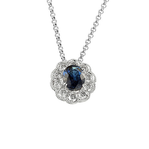 Oval Cut Blue Sapphire and Round Brilliant Cut Diamond Claw Set Millgrain Setting Cluster Pendant