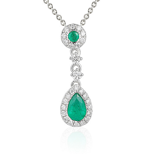 Pear Shape Emerald & Round Brilliant Cut Diamond Vintage Drop Pendant