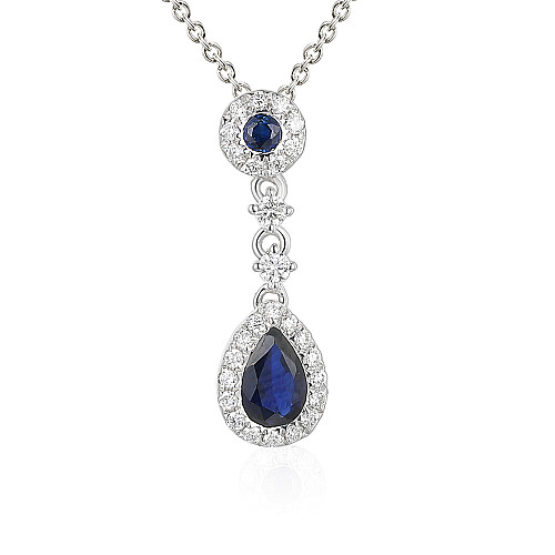 Pear Shape Blue Sapphire & Round Brilliant Cut Diamond Vintage Drop Pendant