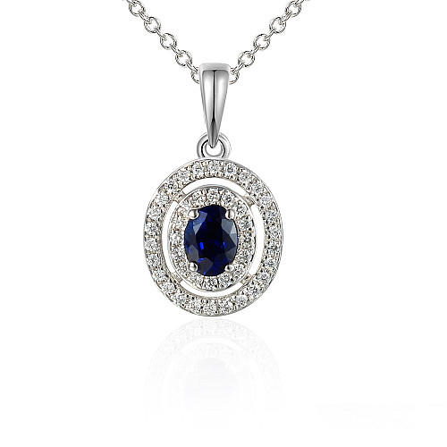 Oval Blue Sapphire & Round Brilliant Cut Diamond Double Halo Pendant