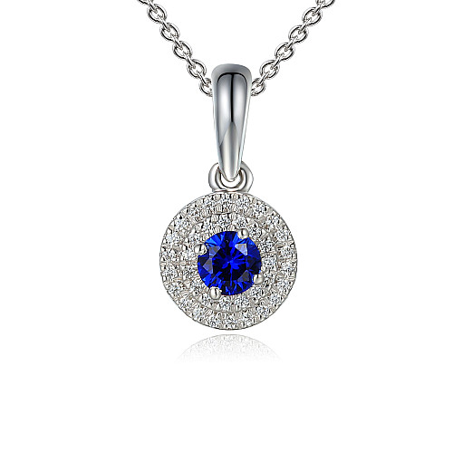 Round Brilliant Cut Blue Sapphire & Diamond Double Halo Pendant