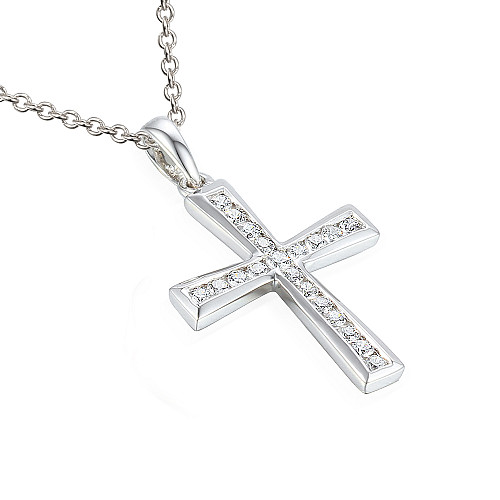 Channel Set Round Brilliant Cut Diamond Cross Pendant And Chain