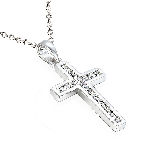 Channel Set Round Brilliant Cut Diamond Cross Pendant And Chain