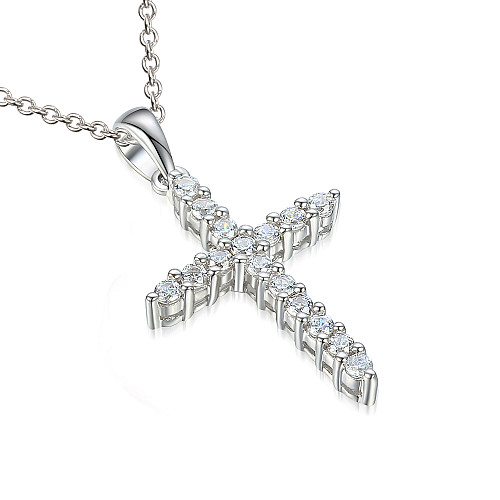 Claw Set Round Brilliant Cut Diamond Cross Pendant And Chain