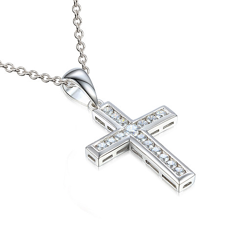 Channel Set Round Brilliant Cut Diamond Cross Pendant And Chain