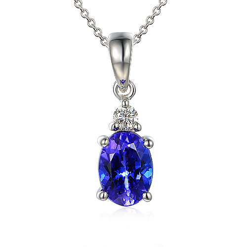 Claw Set Oval Cut Tanzanite With Round Brilliant Cut Diamond Drop Pendant And Chain