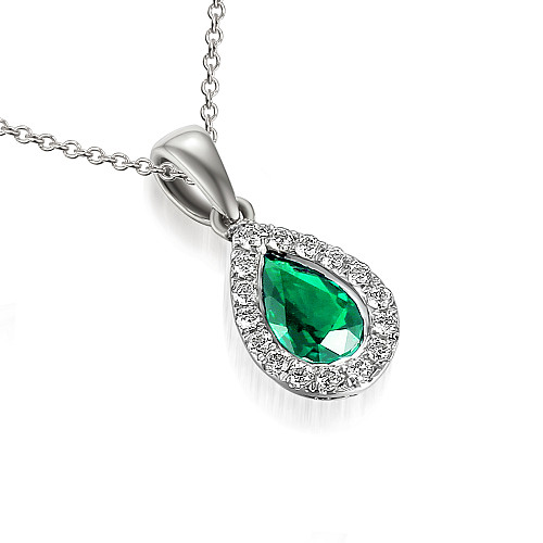 Rubover Set Pear Shape Cut Emerald & Round Brilliant Cut Diamond Halo Pendant