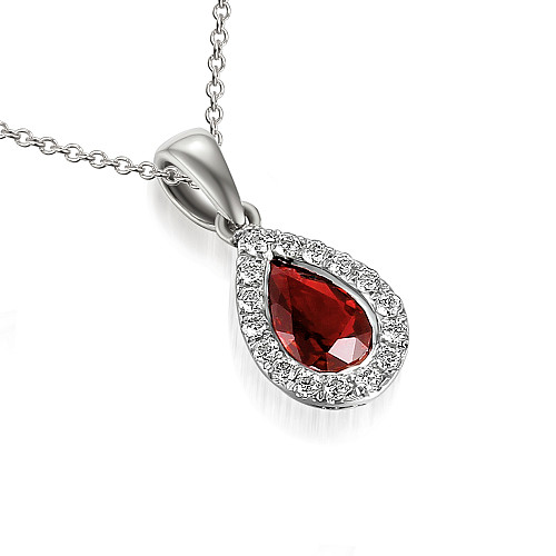 Rubover Set Pear Shape Cut Ruby & Round Brilliant Cut Diamond Halo Pendant