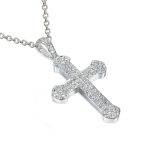 Micro Set Round Brilliant Cut Diamond Cross Pendant And Chain