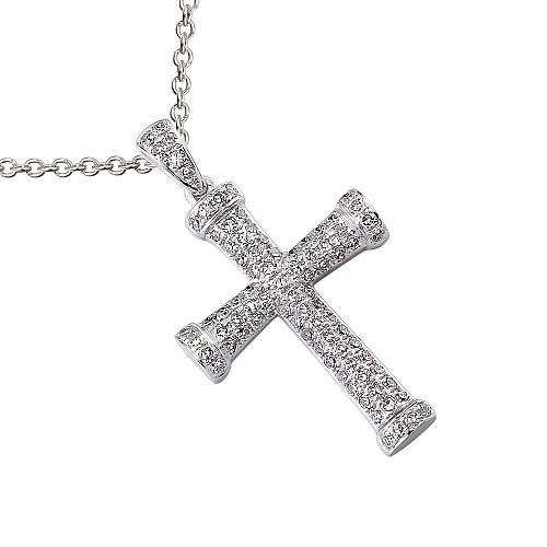 Micro Set Round Brilliant Cut Diamond Cross Pendant And Chain