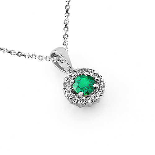 Claw Set Round Brilliant Cut Emerald & Pave Set Diamond Halo Pendant
