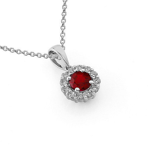 Claw Set Round Brilliant Cut Ruby & Pave Set Diamond Halo Pendant