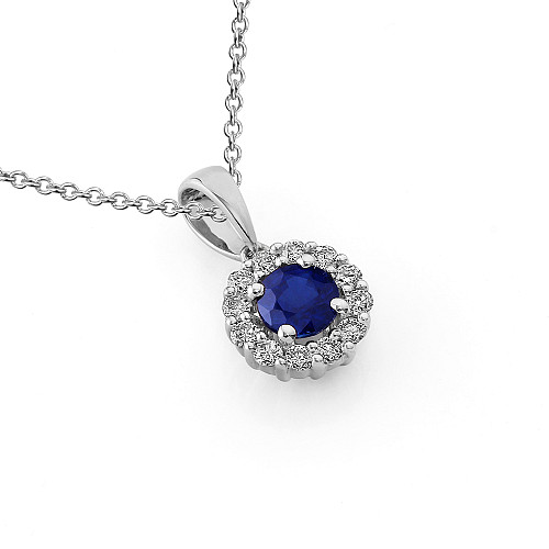 Claw Set Round Brilliant Cut Blue Sapphire & Pave Set Diamond Halo Pendant