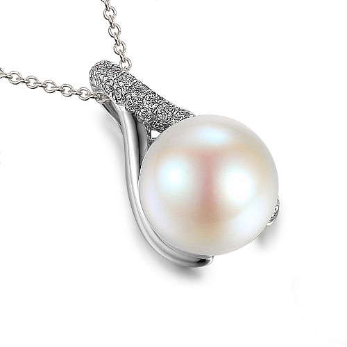 Round Pearl With Claw Set Round Brilliant Cut Diamond Trefoil Drop Pendant And Chain