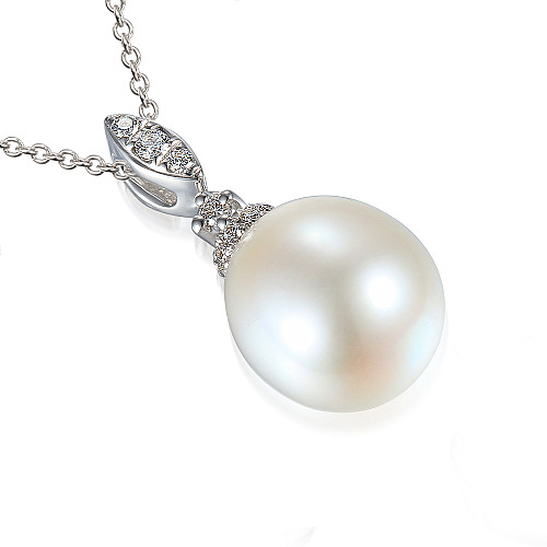 Claw Set Round Pearl With Micro Set Round Brilliant Cut Diamond Drop Pendant And Chain
