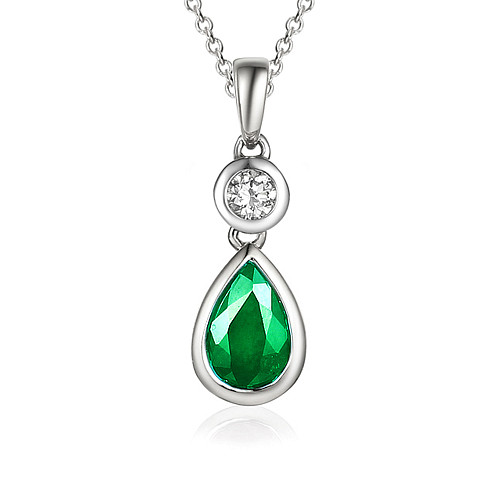 Rubover Set Pear Shape Cut Emerald & Round Brilliant Cut Diamond Drop Pendant