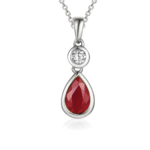 Rubover Set Pear Shape Cut Ruby & Round Brilliant Cut Diamond Drop Pendant
